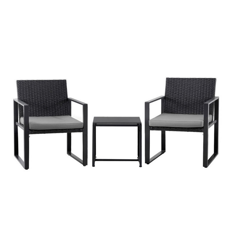 Gardeon 3PC Outdoor Bistro Set Patio Furniture Wicker Dining Chairs Table Cushion Black