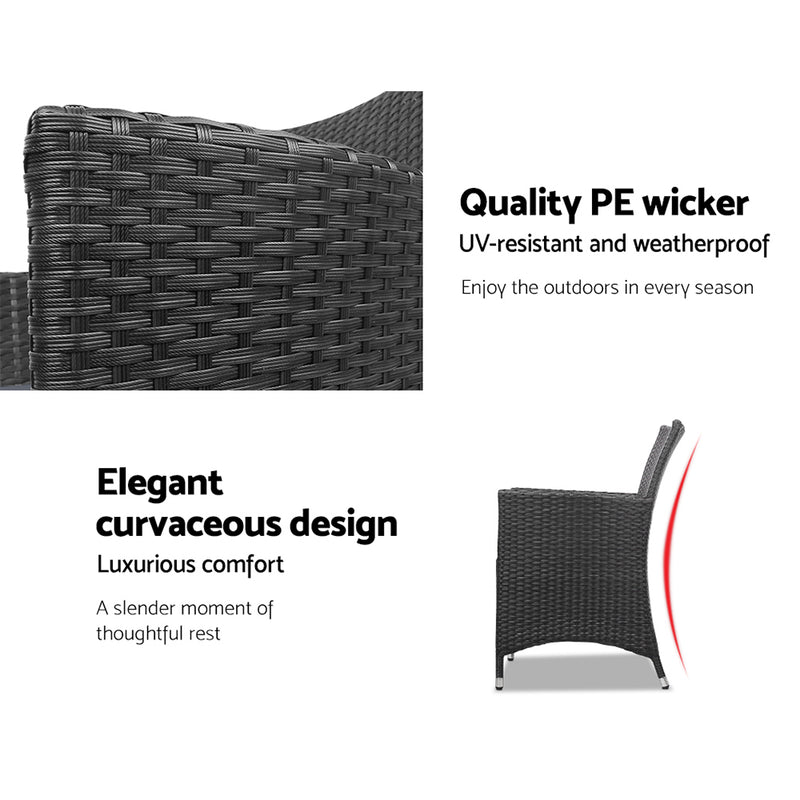 Gardeon 3PC Outdoor Bistro Set Patio Furniture Wicker Setting Chairs Table Cushion Black