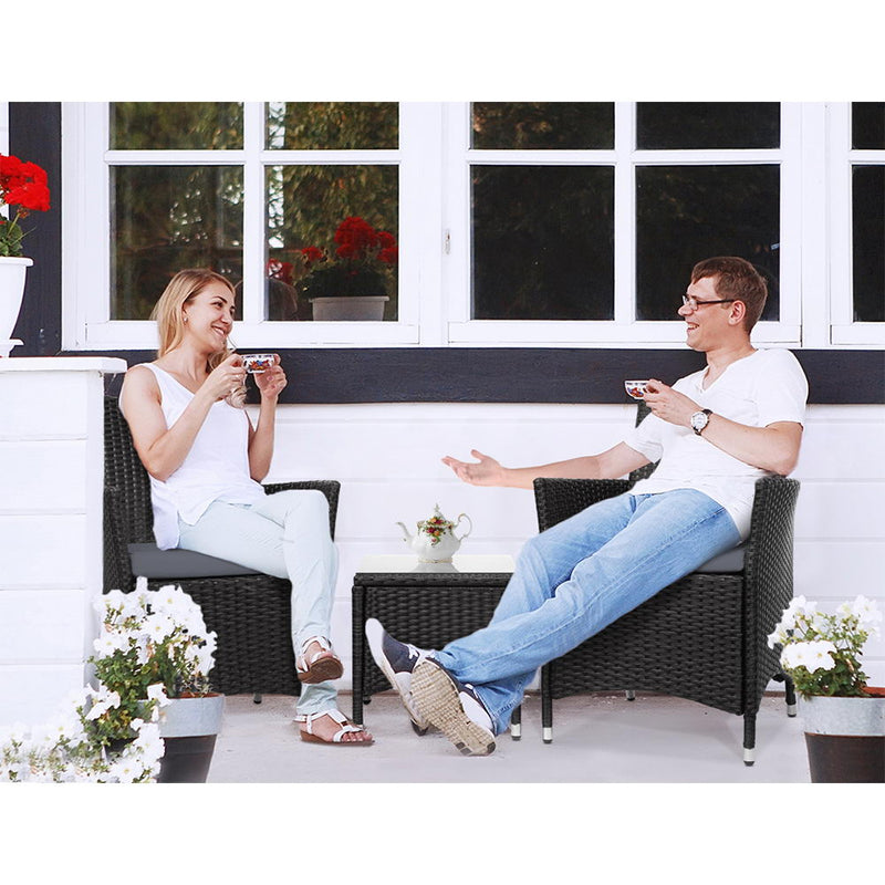 Gardeon 3PC Outdoor Bistro Set Patio Furniture Wicker Setting Chairs Table Cushion Black