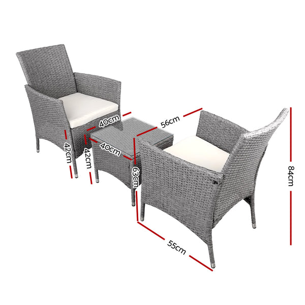 Gardeon 3PC Outdoor Bistro Set Patio Furniture Wicker Setting Chairs Table Cushion Grey