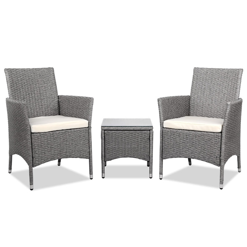 Gardeon 3PC Outdoor Bistro Set Patio Furniture Wicker Setting Chairs Table Cushion Grey