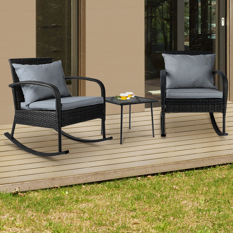 Gardeon 3PC Rocking Chair Table Wicker Outdoor Furniture Patio Bistro Set Black