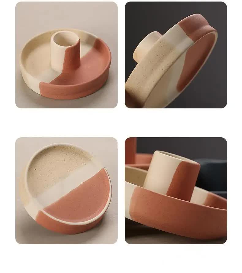 2 Pcs Light Yellow Oval Bottom Nordic Ceramic Candle Holder with Jewelry Dish - Elegant Minimalist Home Decor Piece